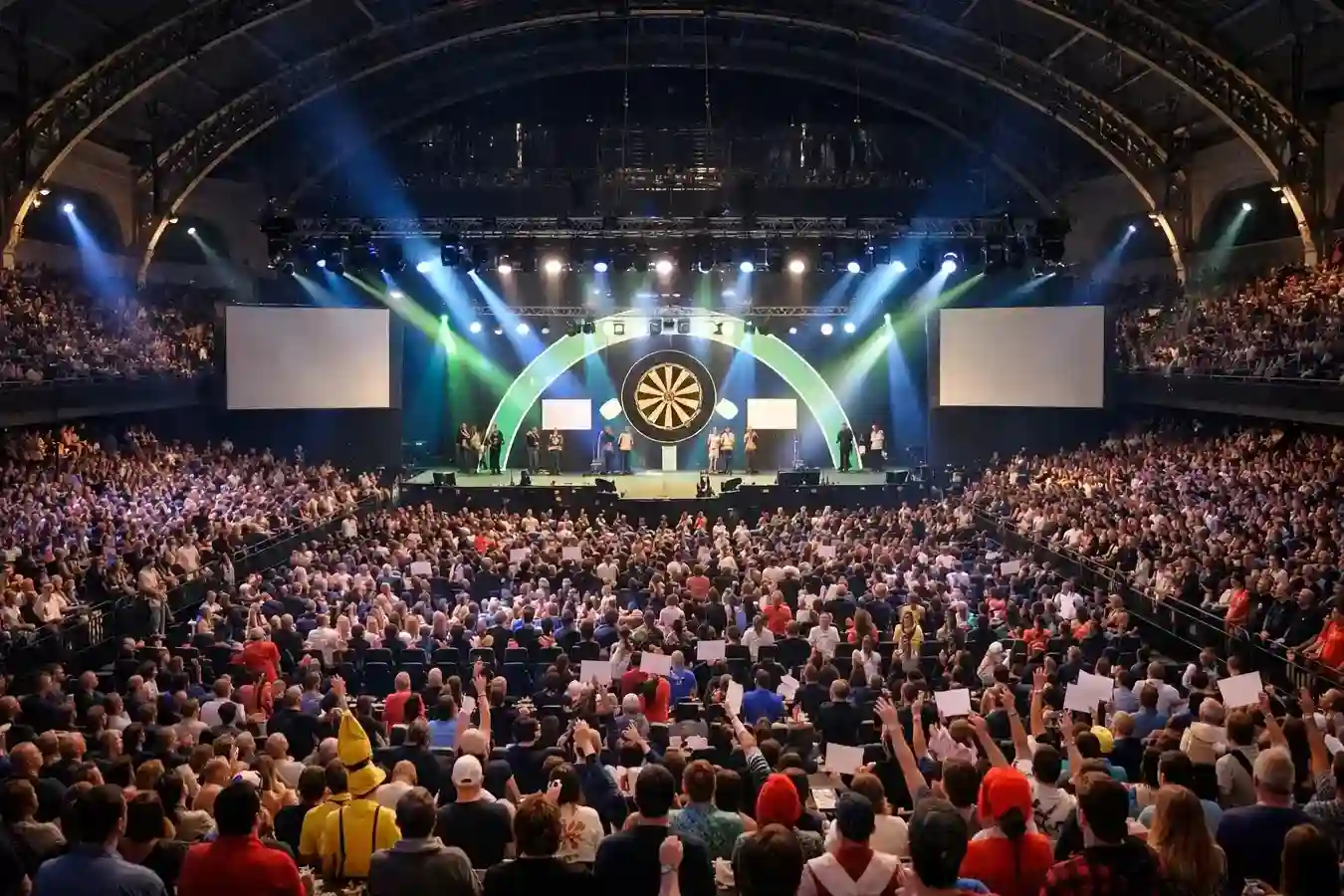 Bühne der PDC Darts-Weltmeisterschaft im Alexandra Palace mit Publikum und Beleuchtung